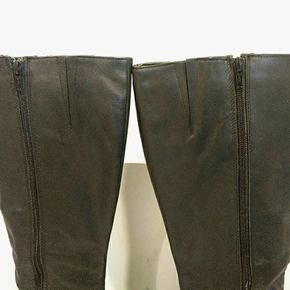 Vintage 90's Chunky Block Heel Square Toe Tall Black Leather Boots - Picture 12 of 16